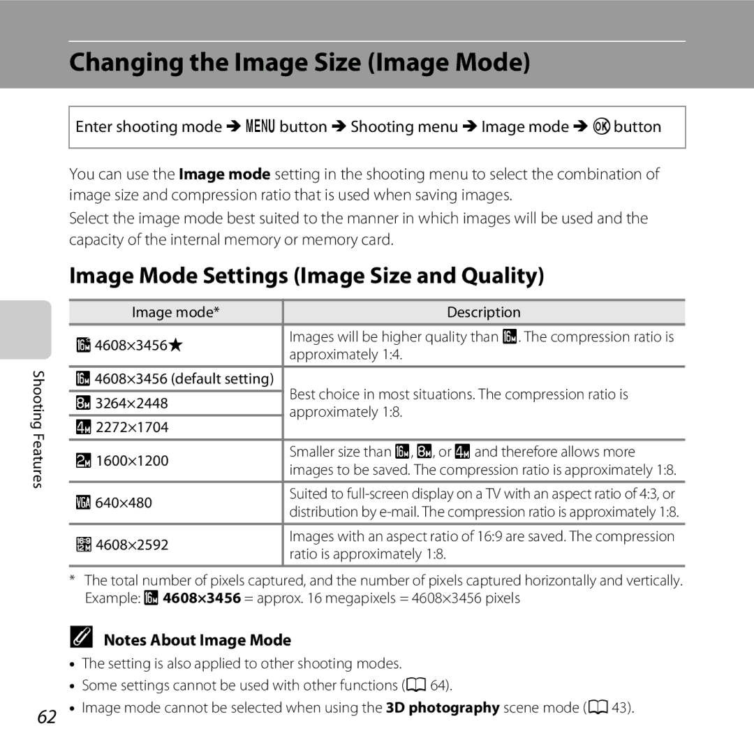 Nikon COOLPIXL810RED, COOLPIXL810BLUE Changing the Image Size Image Mode, Image Mode Settings Image Size and Quality 