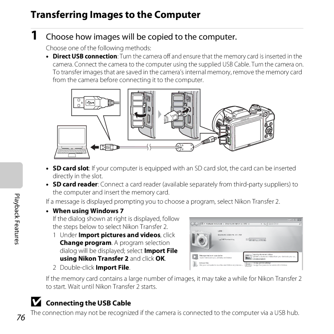 Nikon L810 Transferring Images to the Computer, Choose how images will be copied to the computer, Connecting the USB Cable 