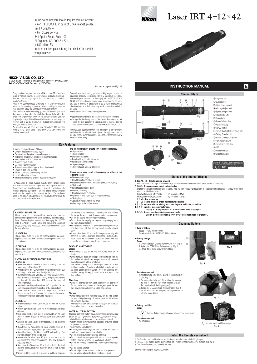 Nikon Laser IRT instruction manual Nomenclature, Key Features, Status of the Internal Display, Changing Battery 