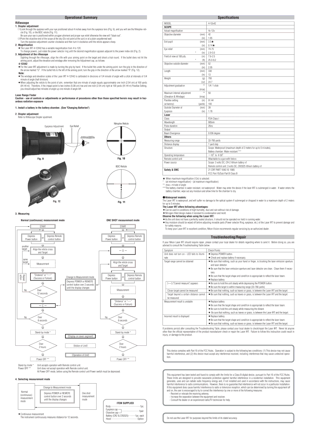 Nikon Laser IRT instruction manual Operational Summary, Specifications, Troubleshooting/Repair 