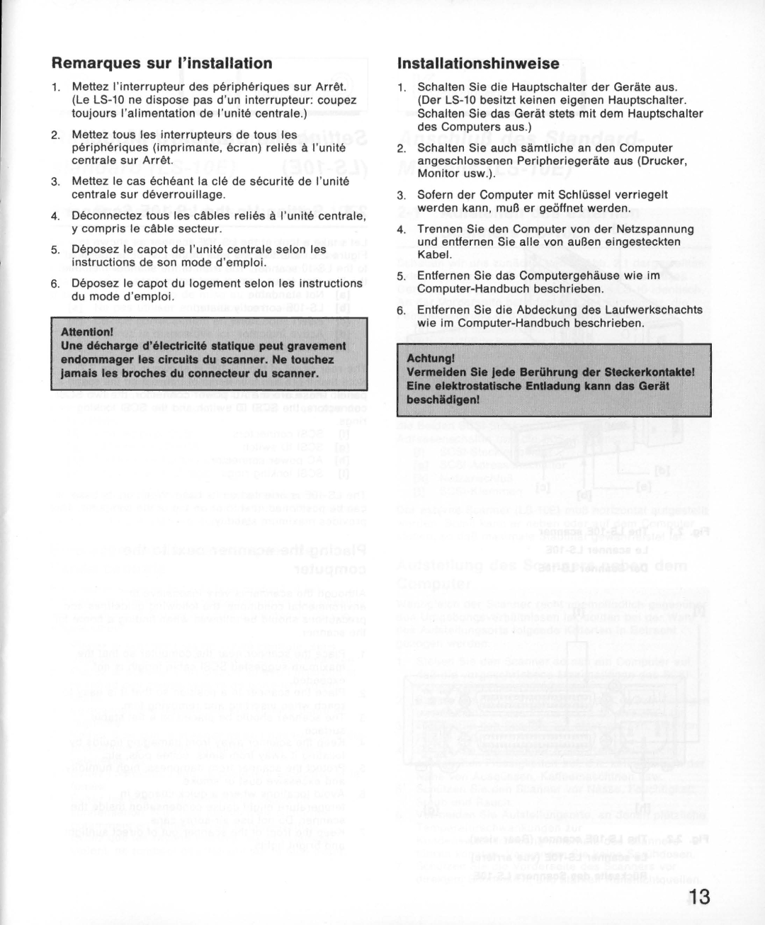 Nikon LS-10E instruction manual Remarques sur Iinstallation, Installationshinweise 