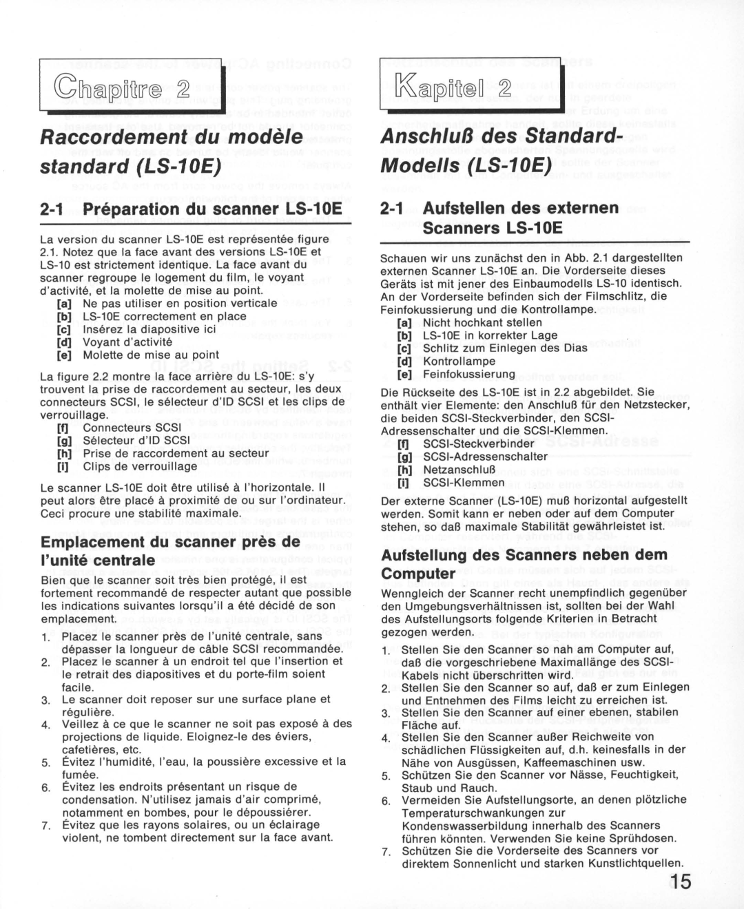 Nikon instruction manual Preparation du scanner LS-10E, Aufstellen des externen Scanners LS-10E 