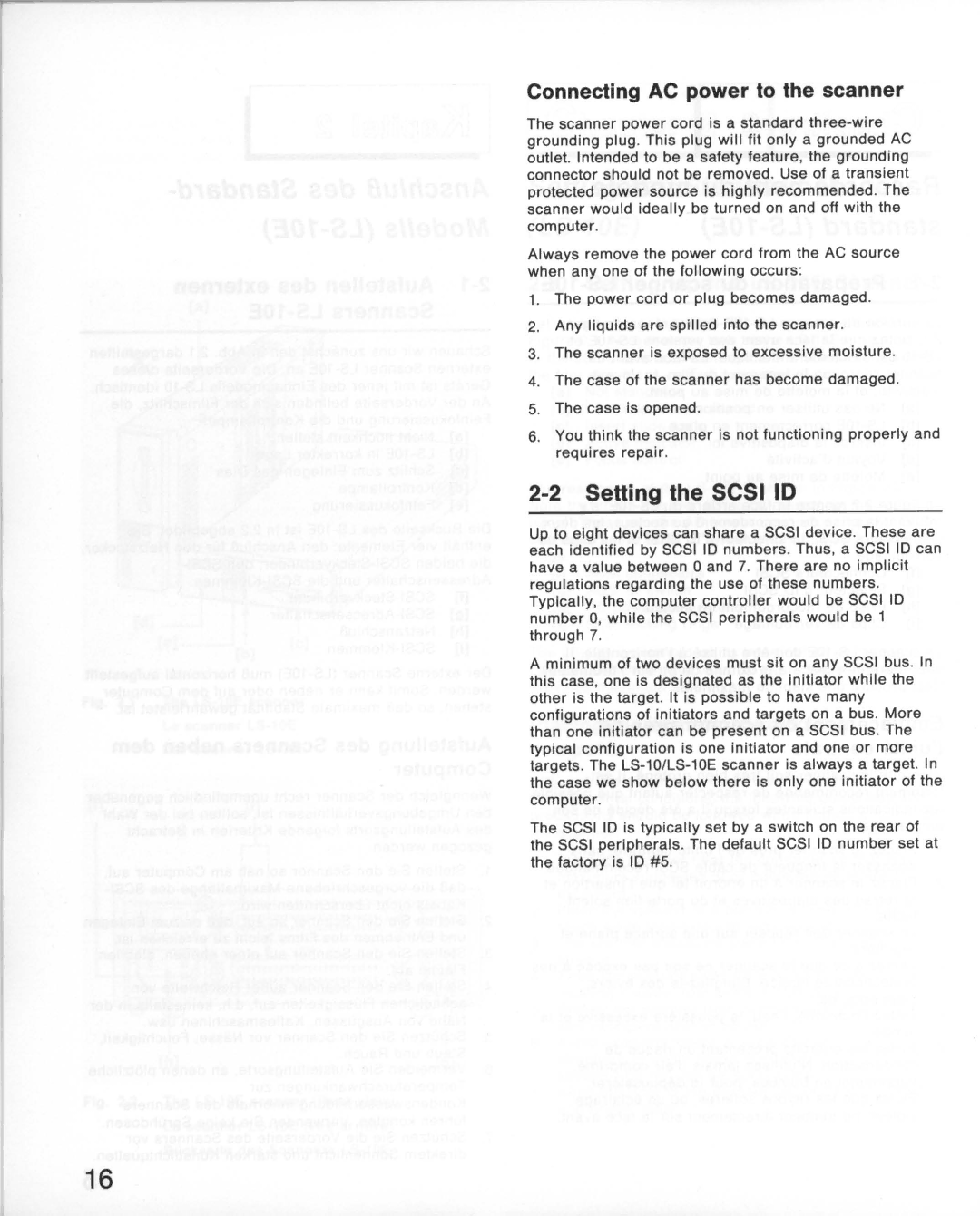 Nikon LS-10E instruction manual Setting the Scsi, Connecting AC power to the scanner 