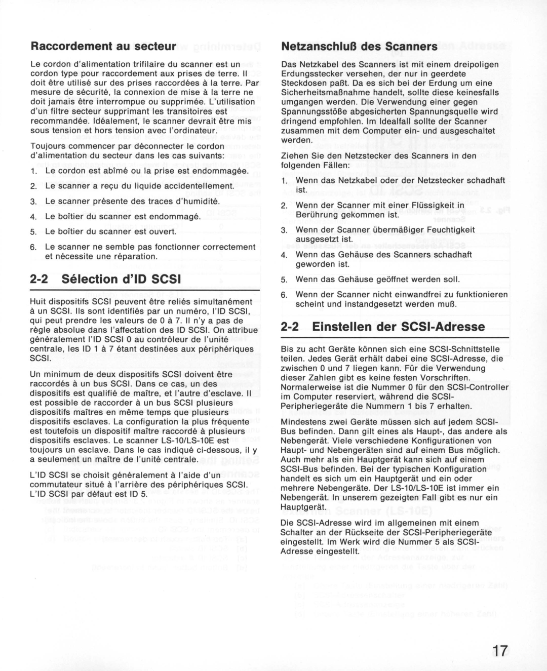 Nikon LS-10E Raccordement au secteur, Selection dIDSCSI, NetzanschluB des Scanners, Einstellen der SCSI-Adresse 