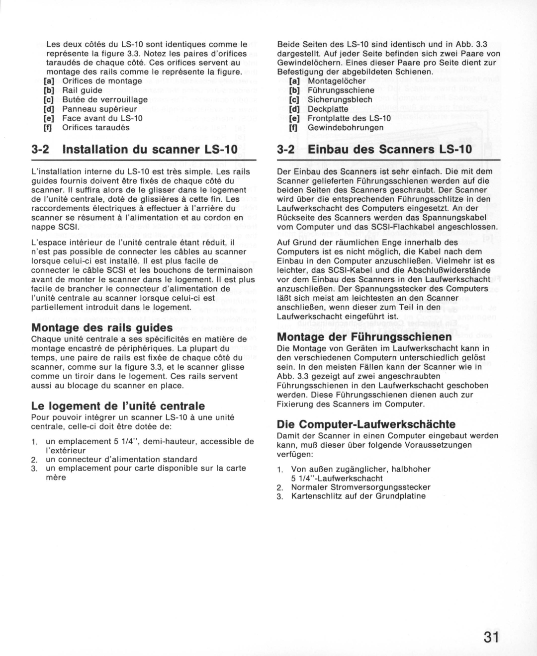 Nikon LS-10E instruction manual Installation du scanner LS-10 Einbau des Scanners LS-10, Montage des rails guides 