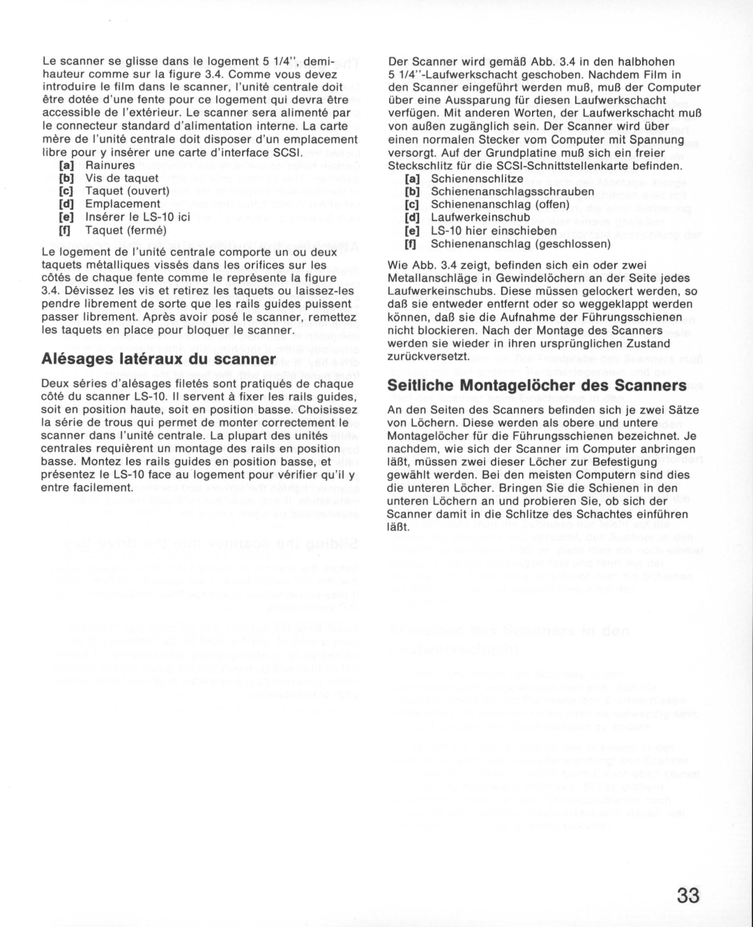 Nikon LS-10E instruction manual Ah~sages lateraux du scanner, Seitliche Montagelocher des Scanners 