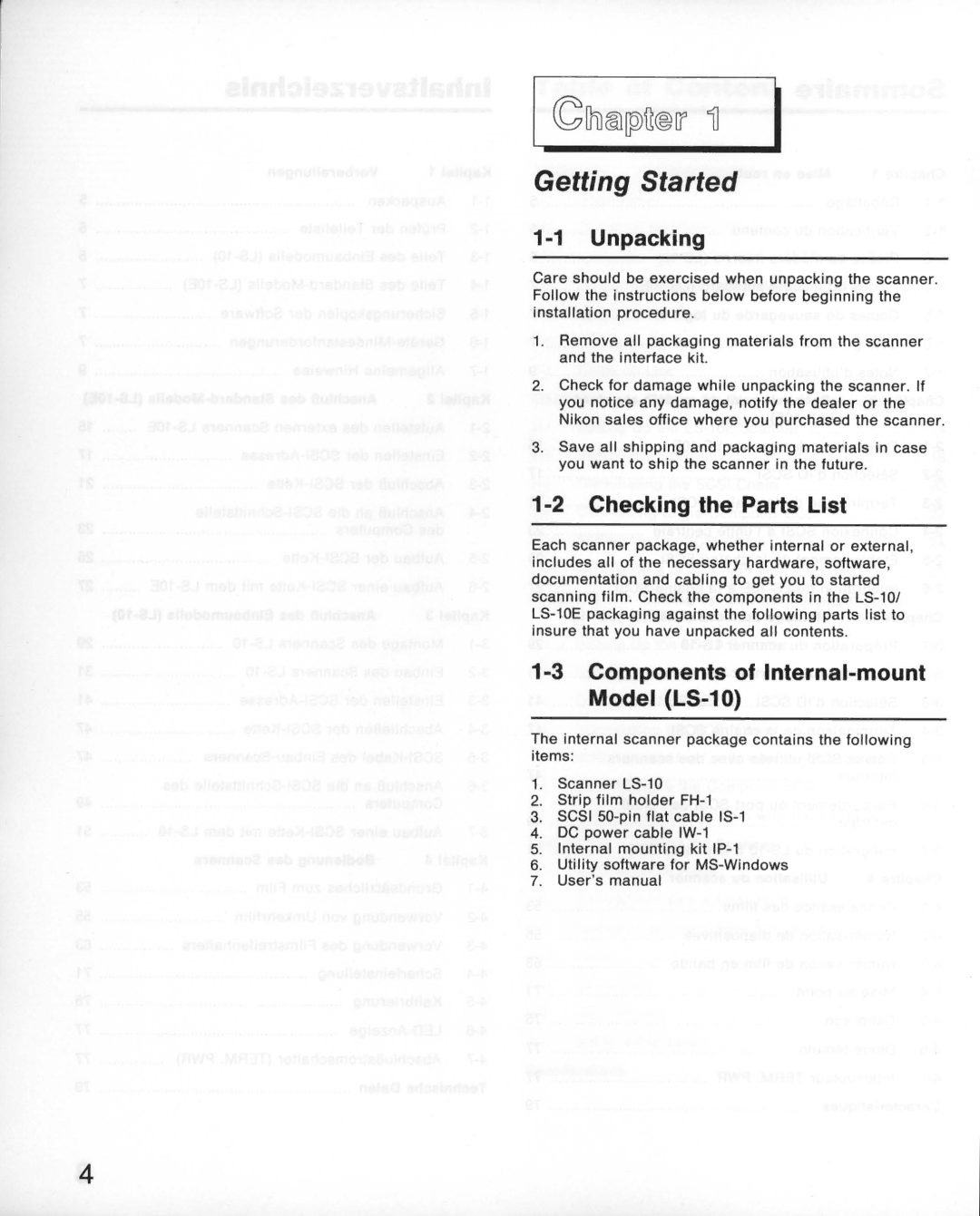 Nikon LS-10E instruction manual Unpacking, Checking the Parts List, Components of Internal-mount Model LS-10 