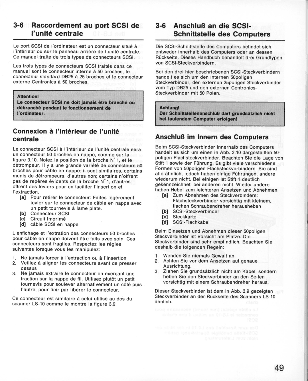 Nikon LS-10E instruction manual Raccordement au port Scsi de Iunitecentrale, Connexion a Iinterieurde Iunite centrale 