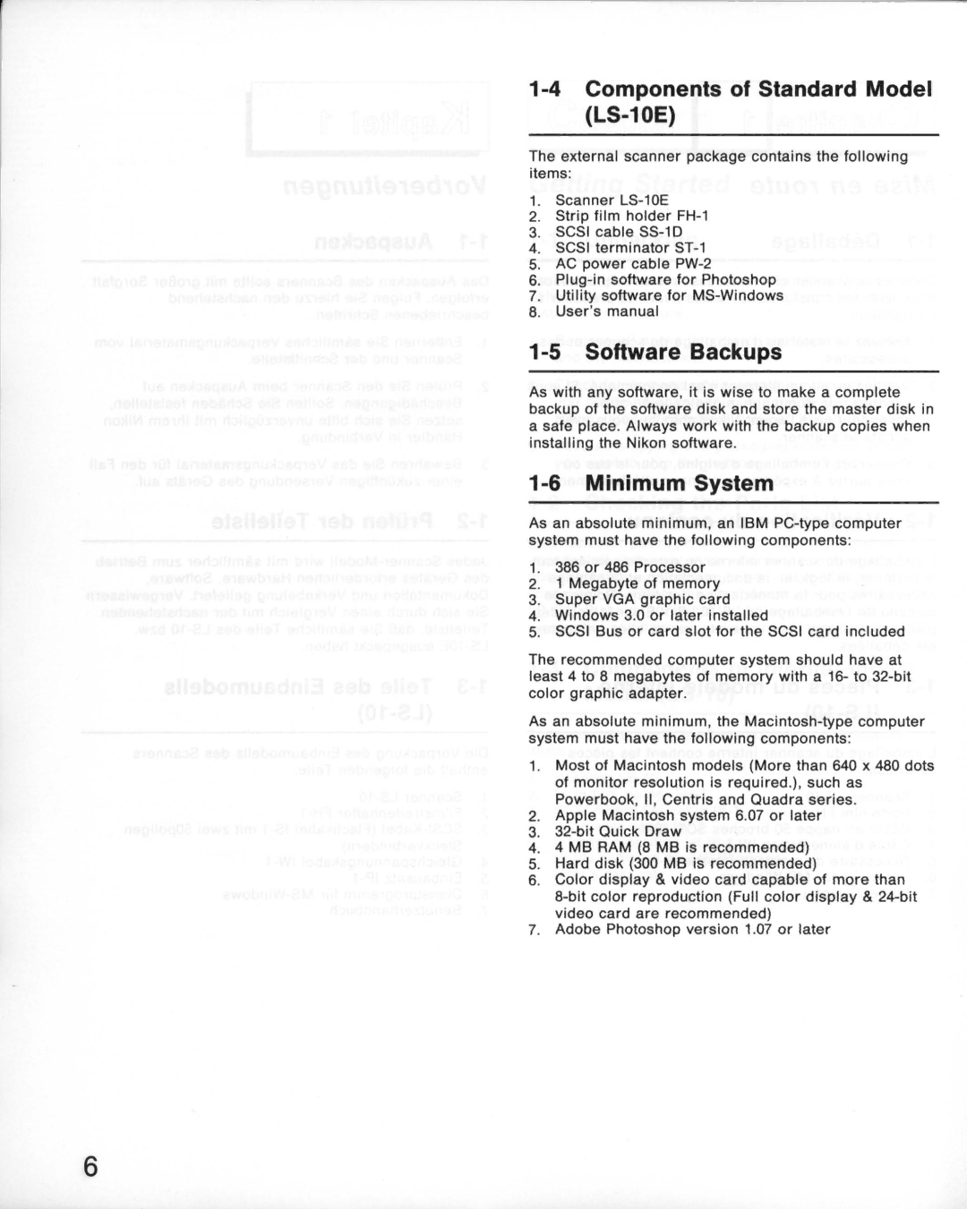 Nikon instruction manual Components of Standard Model LS-10E, Software Backups, Minimum System 