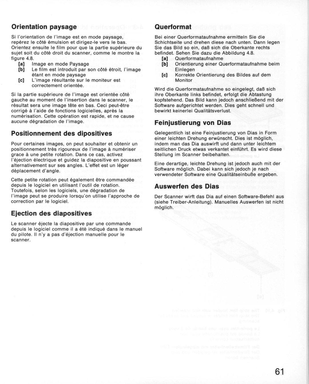 Nikon LS-10E instruction manual Orientation paysage, Positionnement des dipositives, Ejection des diapositives, Querformat 