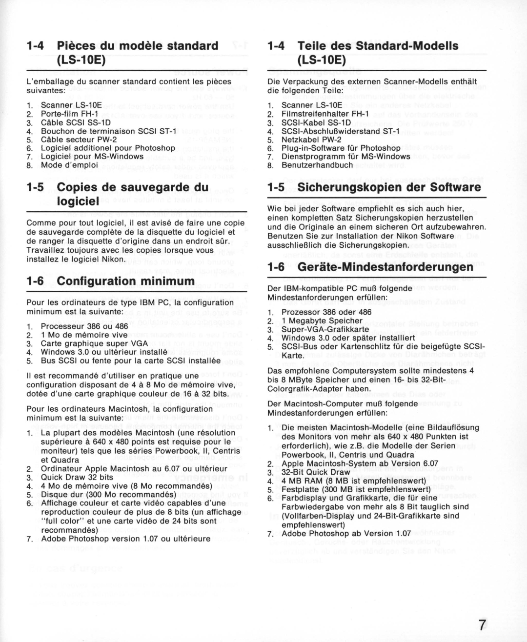 Nikon instruction manual Pieces du modele standard LS-10E, Copies de sauvegarde du logiciel, Configuration minimum 