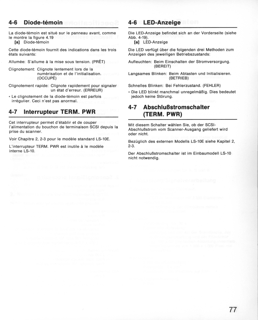 Nikon LS-10E instruction manual Diode-temoin, Interrupteur TERM. PWR, LED-Anzeige, AbschluBstromschalter TERM. PWR 