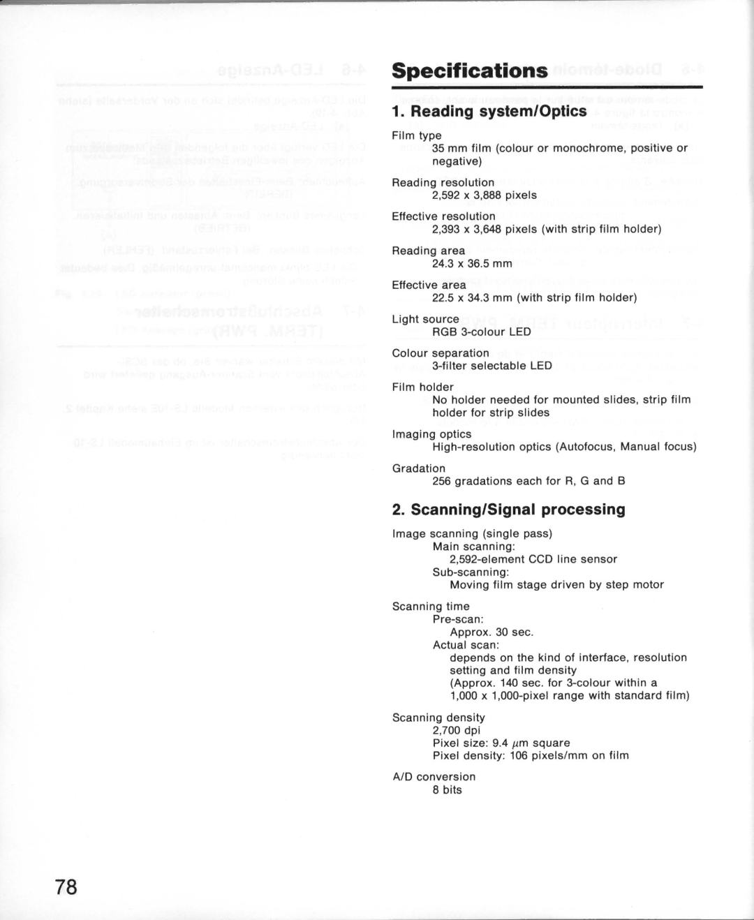 Nikon LS-10E instruction manual Reading system/Optics, Scanning/Signal processing 