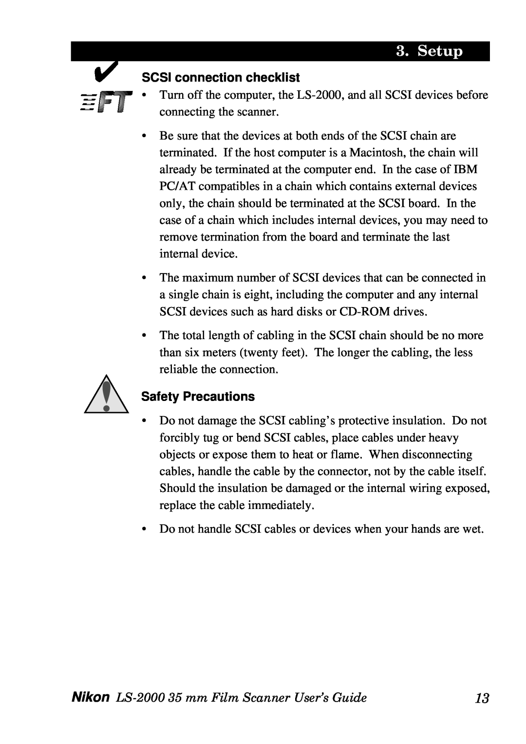 Nikon LS-2000 manual SCSI connection checklist, Setup, Safety Precautions 