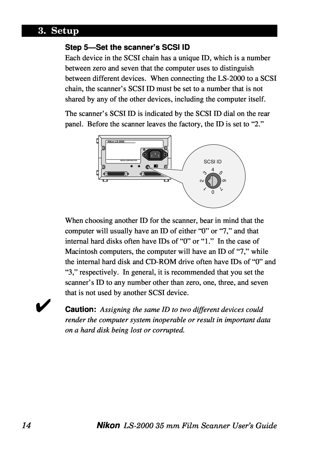Nikon manual Setthe scanner’s SCSI ID, Setup, Nikon LS-200035 mm Film Scanner User’s Guide 