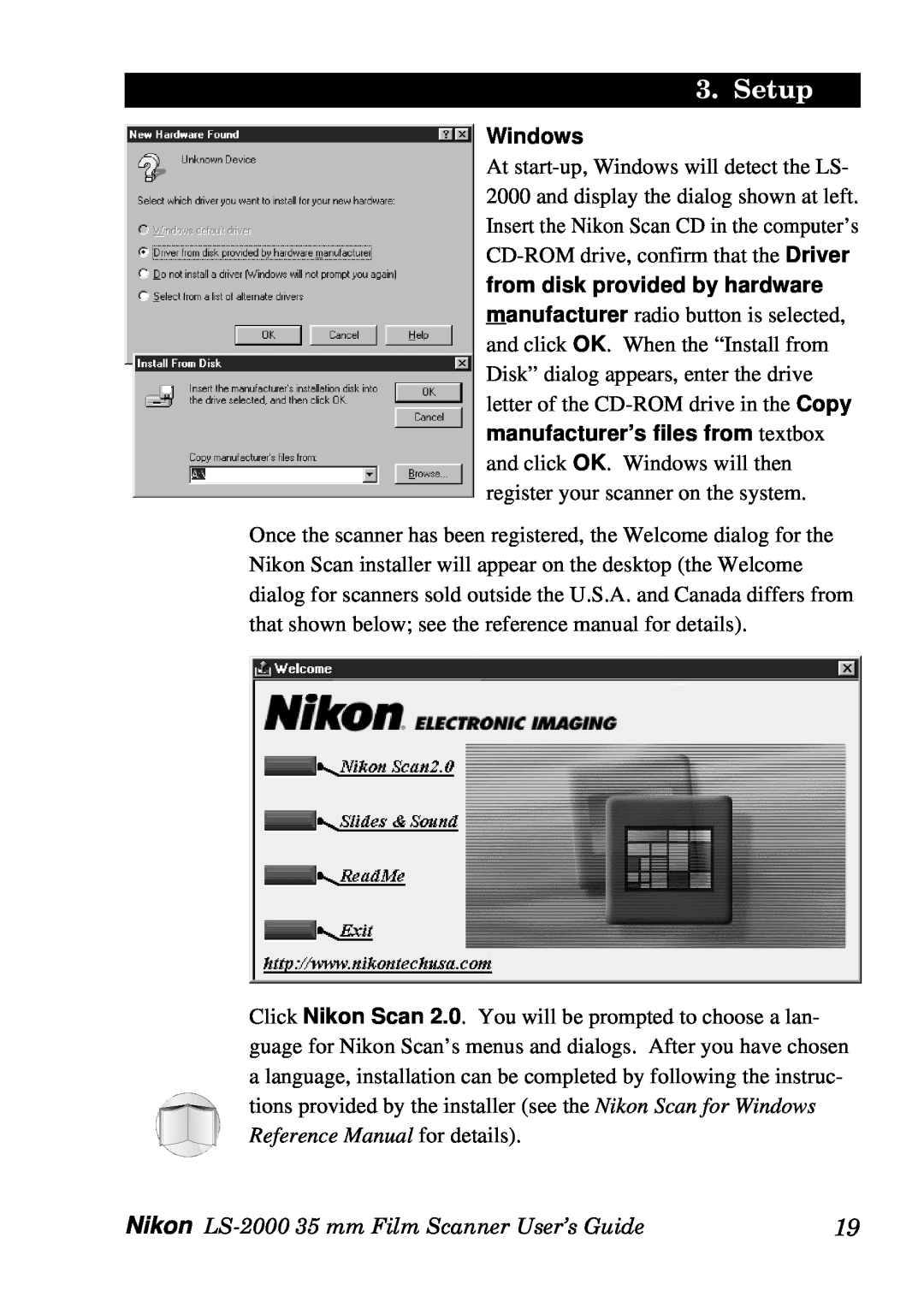 Nikon LS-2000 manual from disk provided by hardware, Setup, Windows 