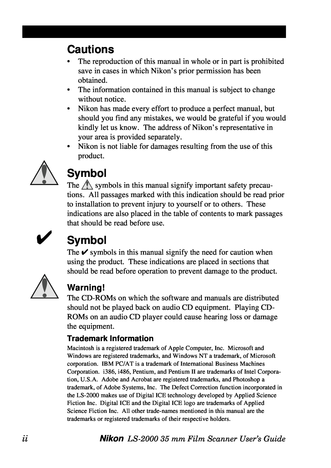 Nikon LS-2000 manual Cautions, Symbol, Trademark Information 