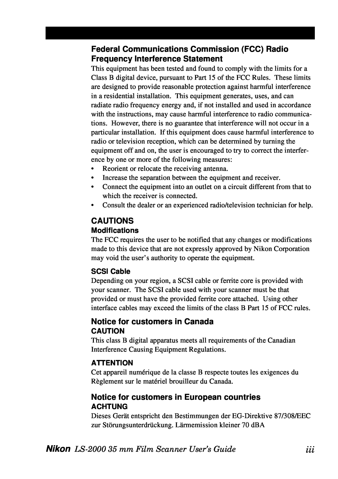 Nikon LS-2000 Cautions, Notice for customers in Canada, Notice for customers in European countries, Modifications, Achtung 