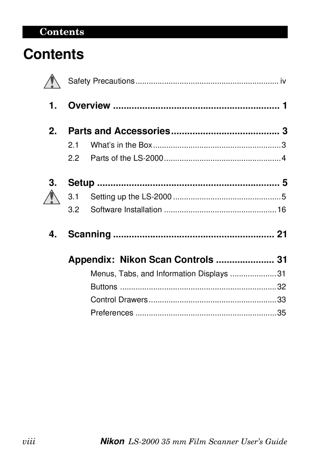 Nikon LS-2000 manual Contents 