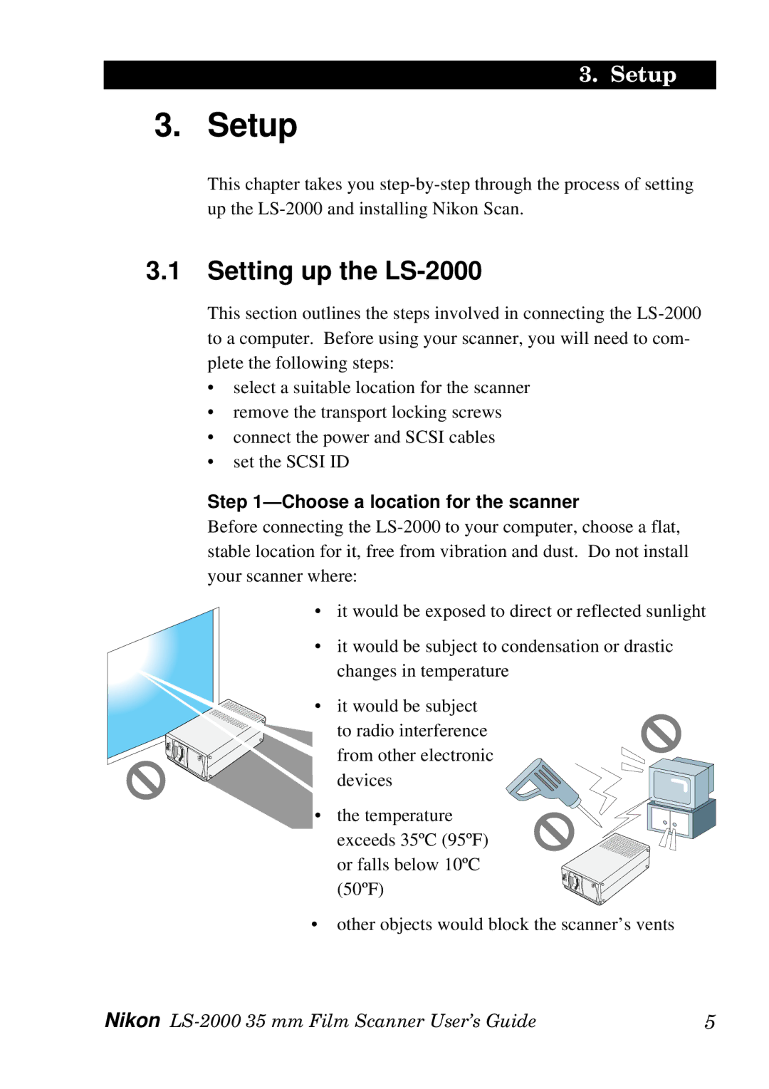 Nikon manual Setup, Setting up the LS-2000, Choose a location for the scanner 