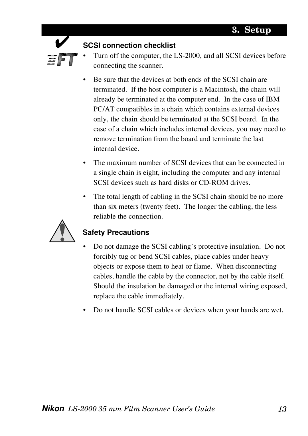 Nikon LS-2000 manual Scsi connection checklist, Safety Precautions 