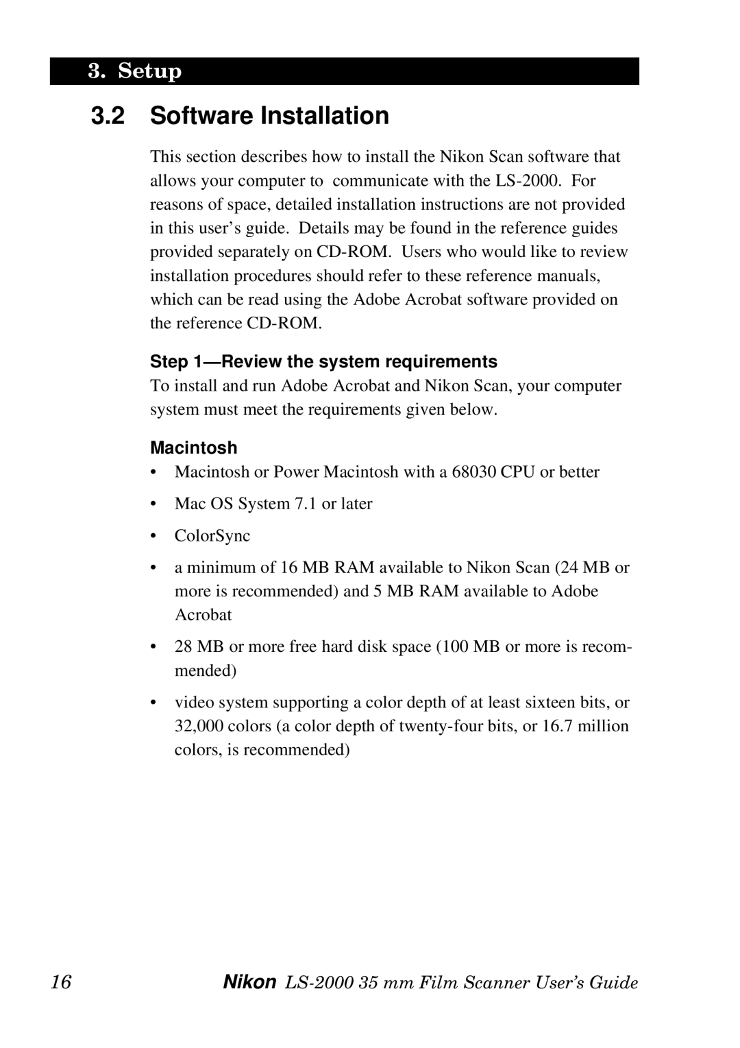 Nikon LS-2000 manual Software Installation, Review the system requirements, Macintosh 
