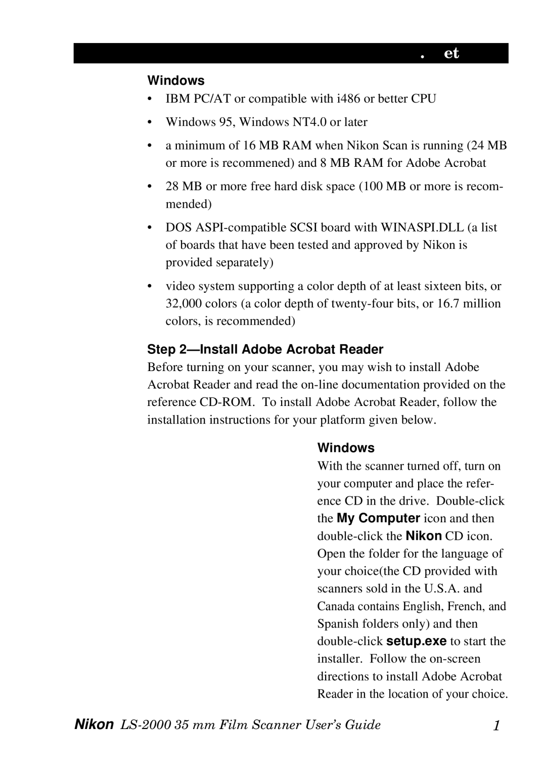 Nikon LS-2000 manual Windows, Install Adobe Acrobat Reader 