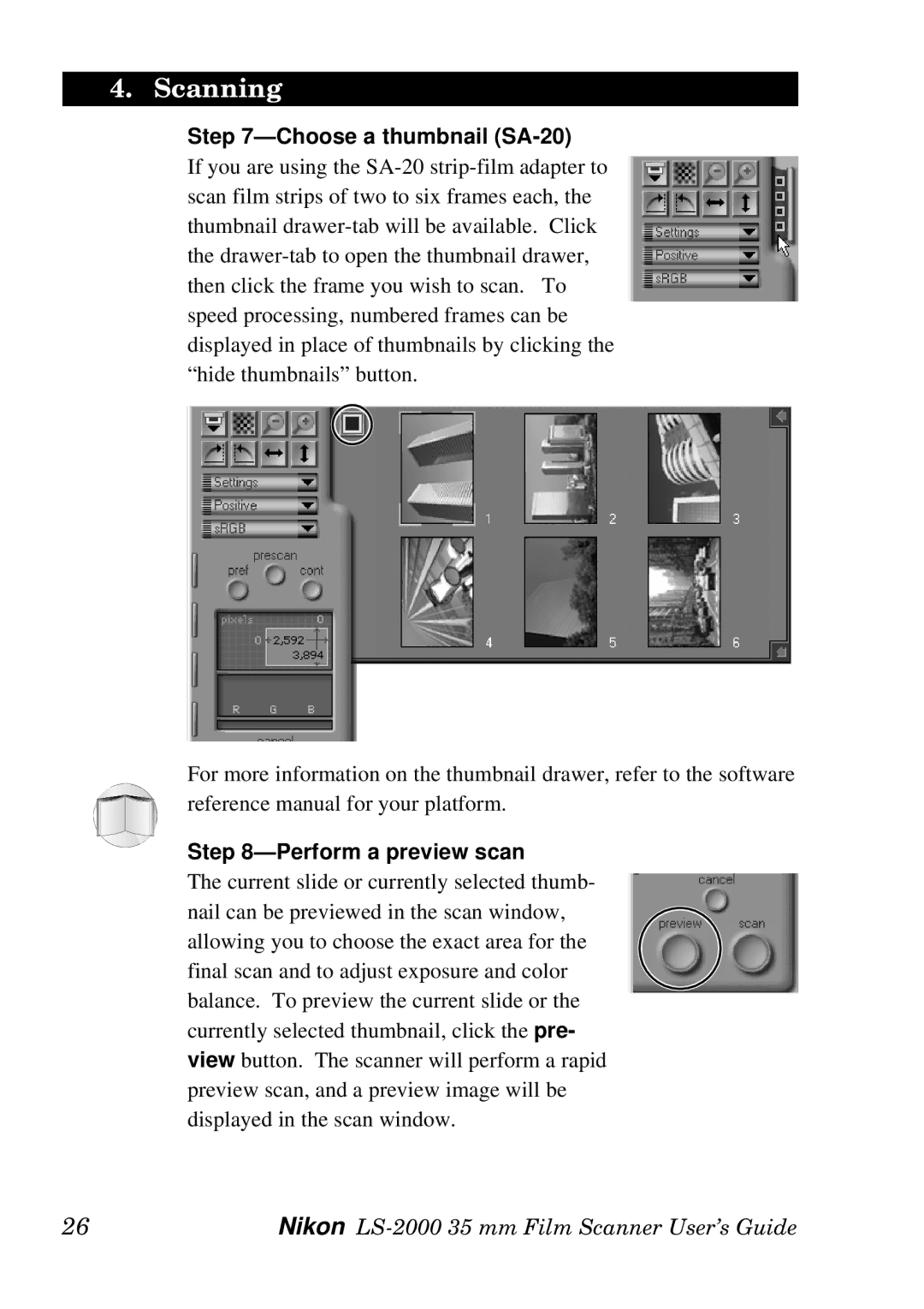 Nikon LS-2000 manual Choose a thumbnail SA-20, Perform a preview scan 