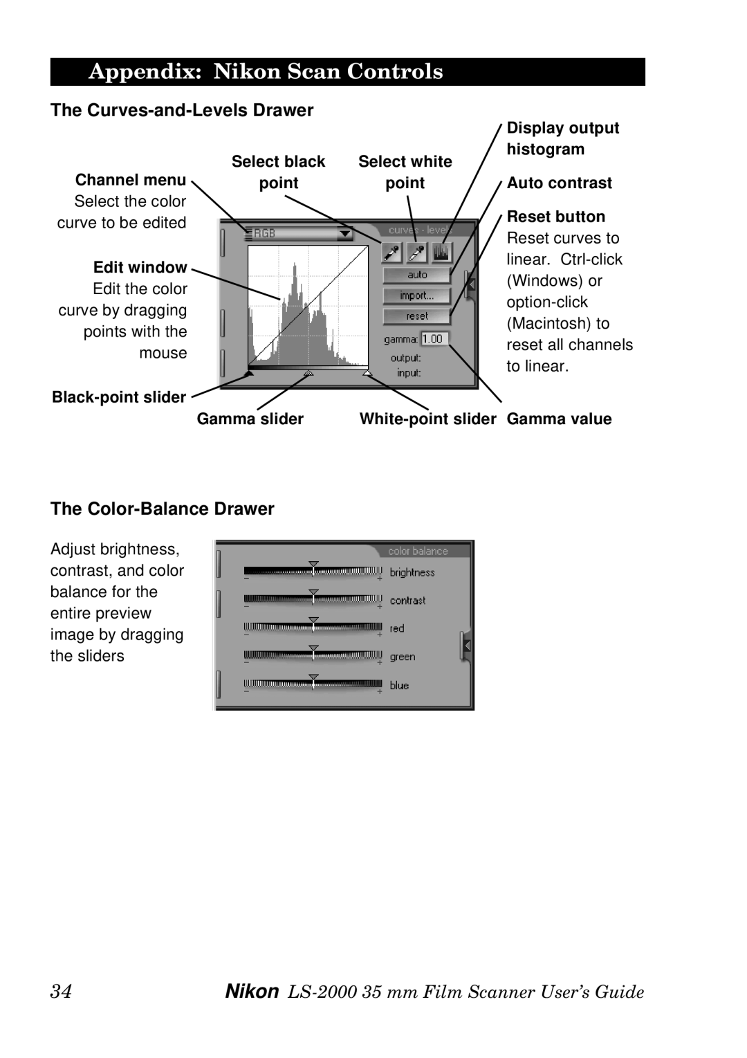 Nikon LS-2000 manual Curves-and-Levels Drawer, Color-Balance Drawer 