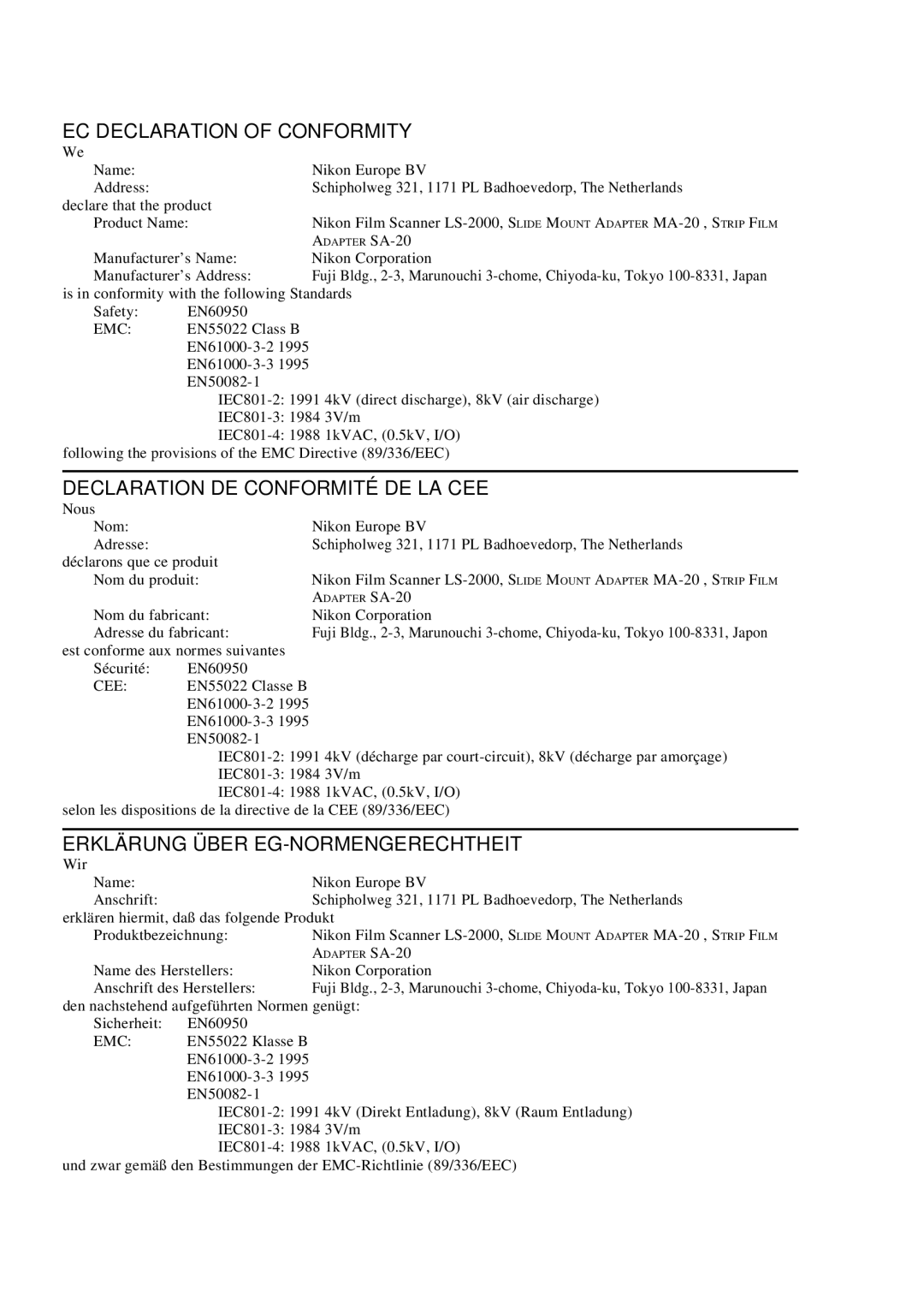 Nikon LS-2000 manual EC Declaration of Conformity 