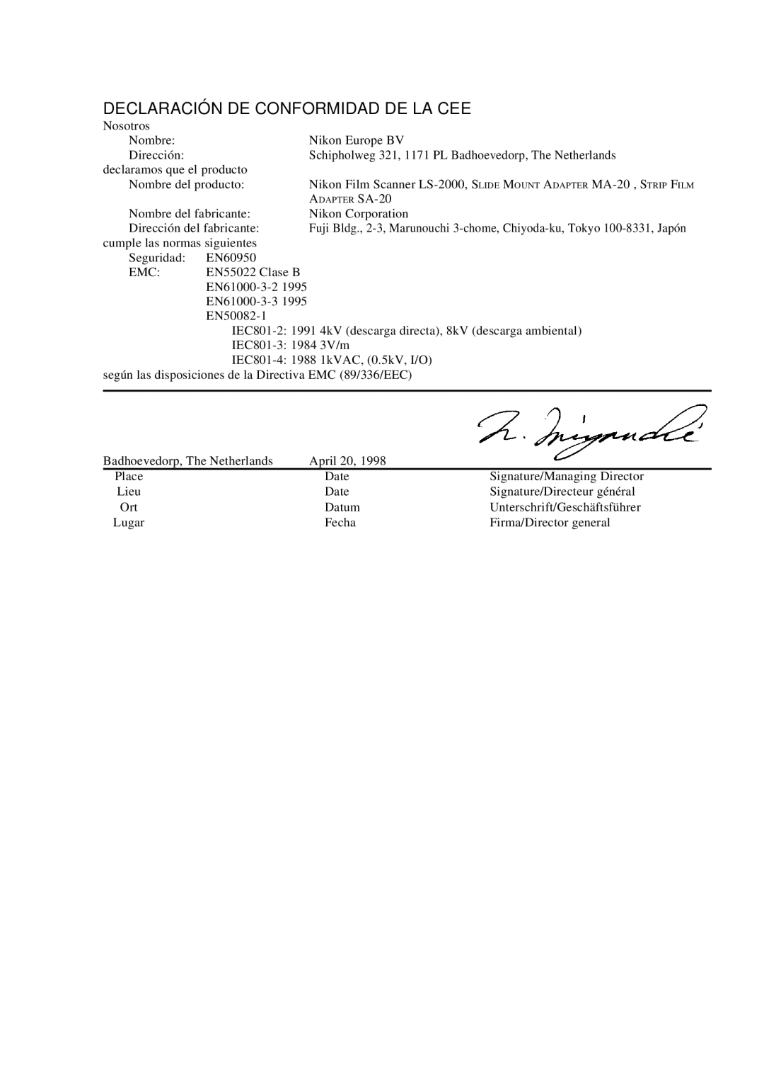 Nikon LS-2000 manual Declaración DE Conformidad DE LA CEE 