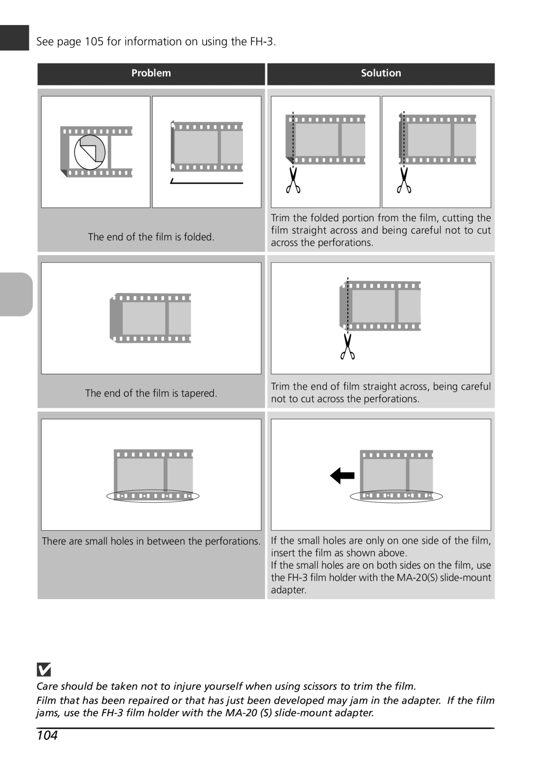 Nikon LS4000 user manual See page 105 for information on using the FH-3, Problem, Solution 