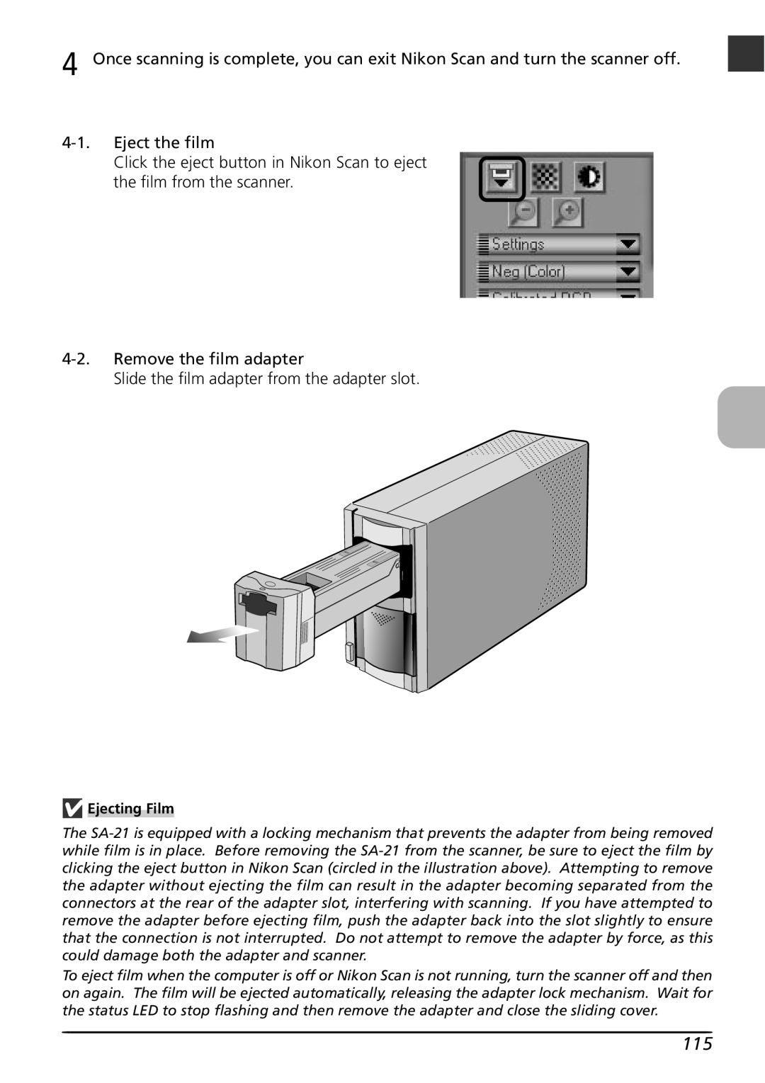 Nikon LS4000 user manual Ejecting Film 