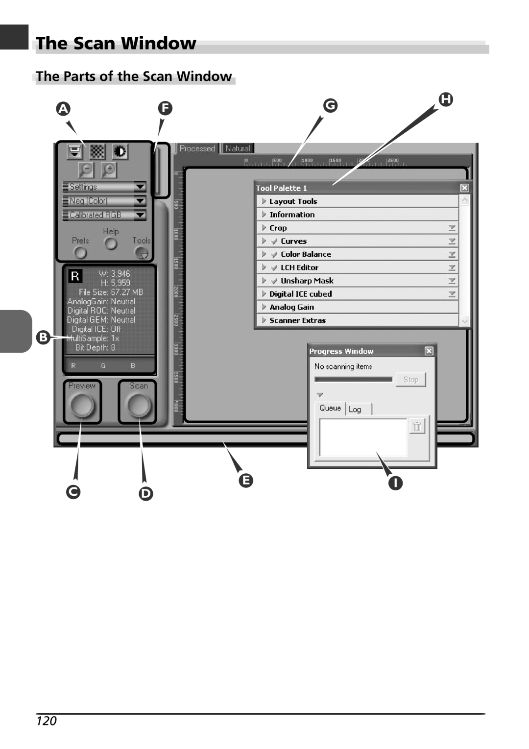 Nikon LS4000 user manual The Scan Window, The Parts of the Scan Window, Afg B, Ei C D 