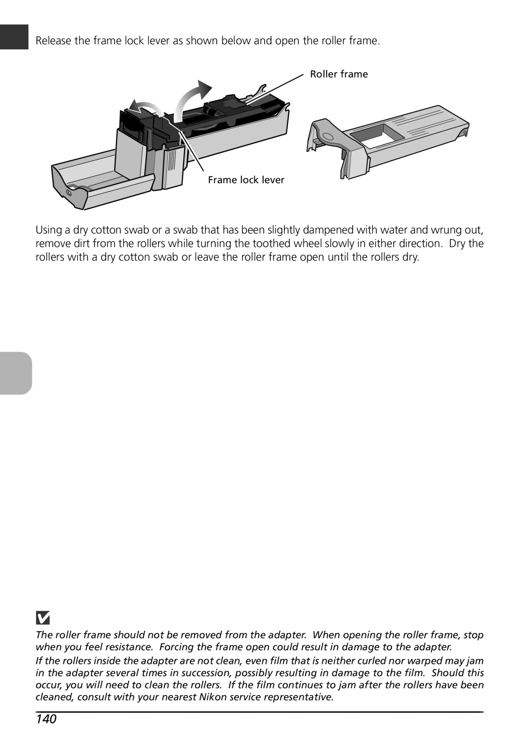Nikon LS4000 user manual Release the frame lock lever as shown below and open the roller frame 