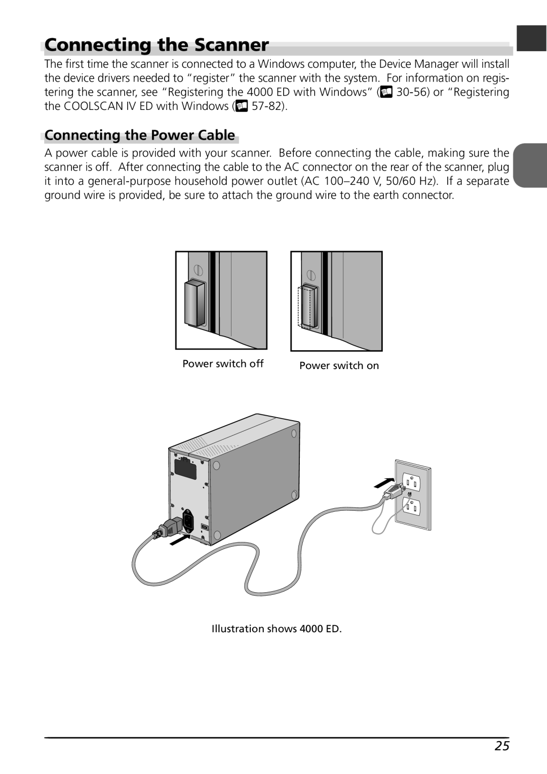 Nikon LS4000 user manual Connecting the Scanner, Connecting the Power Cable 