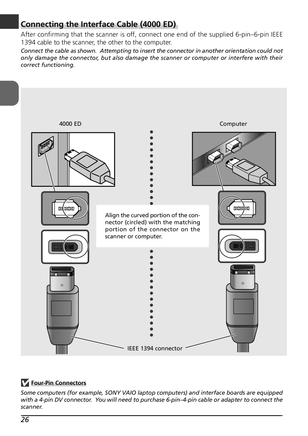 Nikon LS4000 user manual En Connecting the Interface Cable 4000 ED, Four-Pin Connectors 