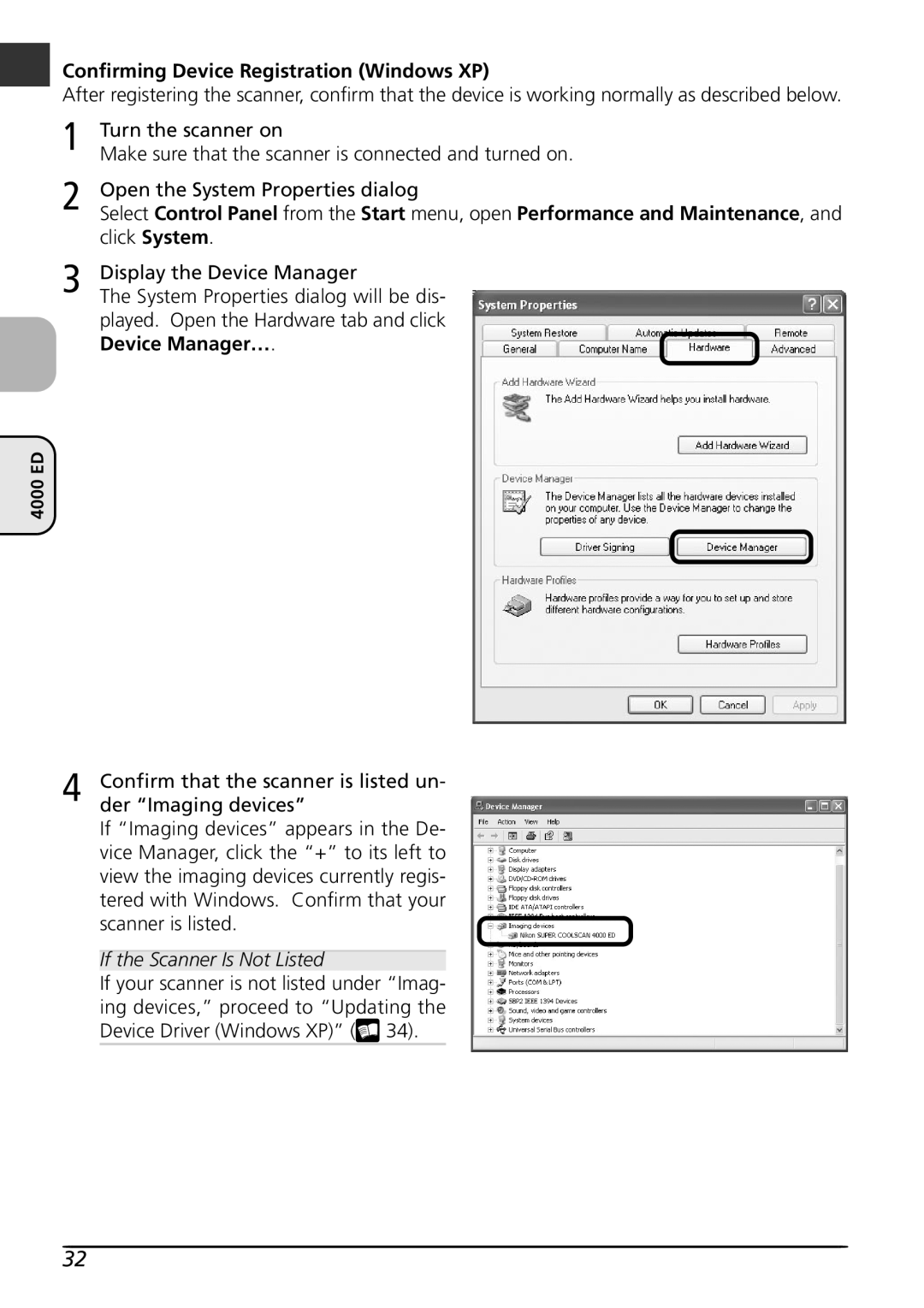 Nikon LS4000 user manual Confirming Device Registration Windows XP, If the Scanner Is Not Listed 