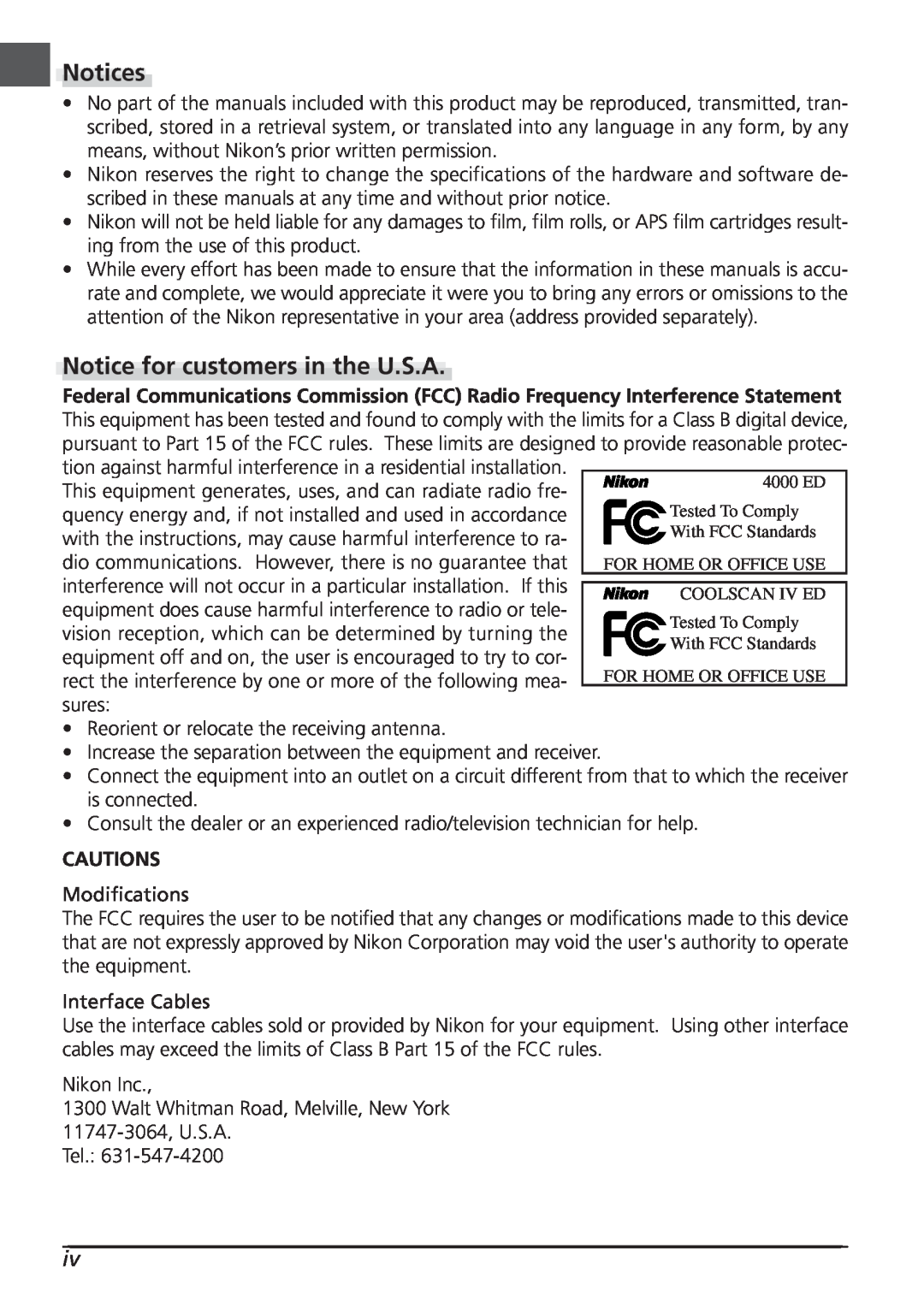 Nikon LS4000 user manual Notices, Notice for customers in the U.S.A, Cautions 