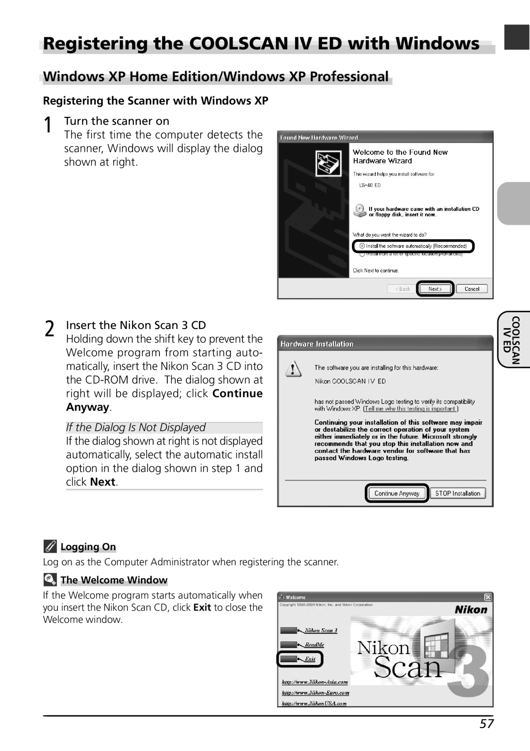 Nikon LS4000 user manual Registering the COOLSCAN IV ED with Windows, Windows XP Home Edition/Windows XP Professional 