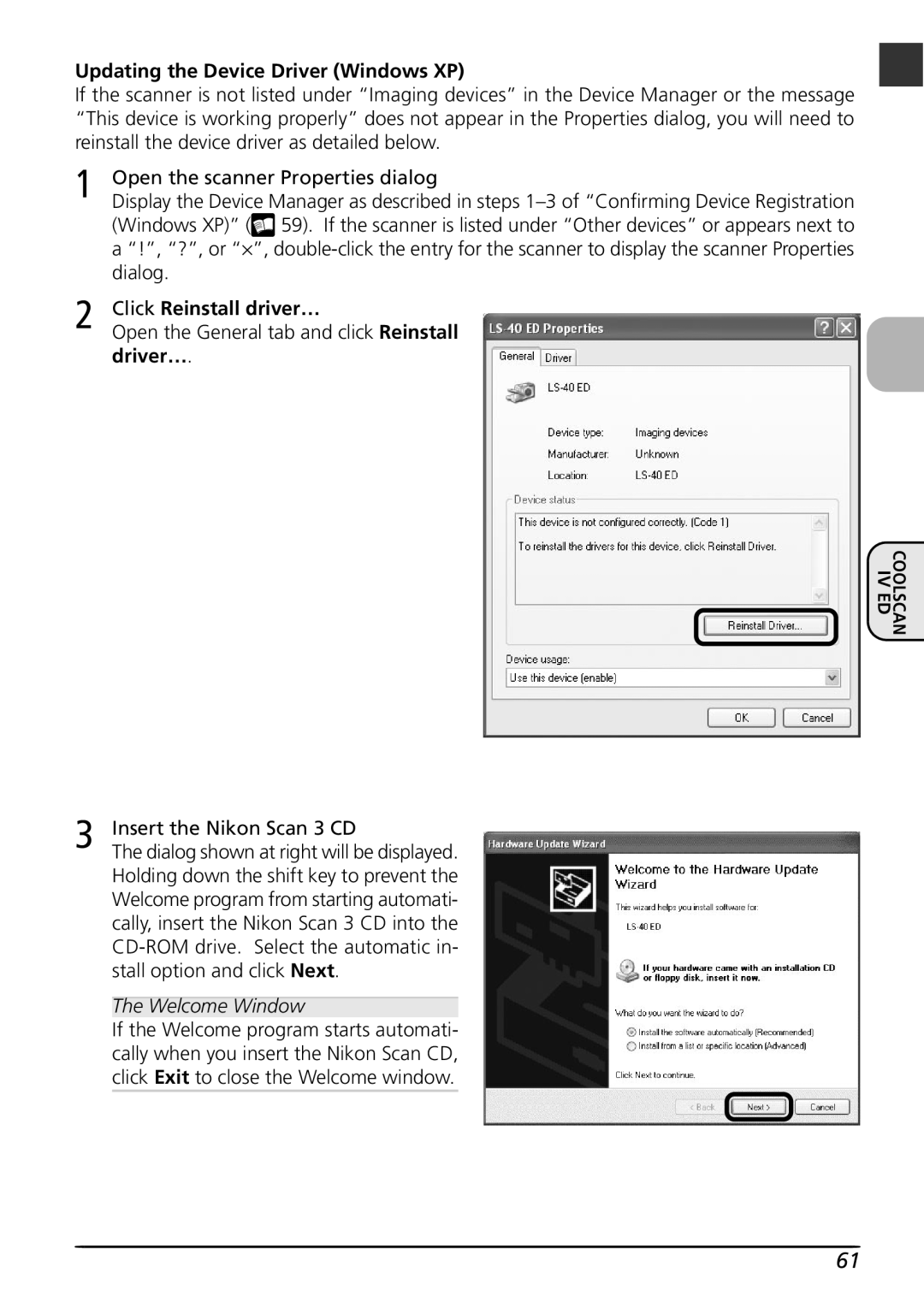 Nikon LS4000 user manual Click Reinstall driver…, Updating the Device Driver Windows XP 