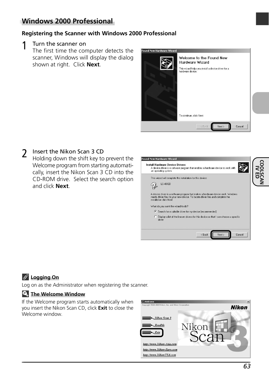 Nikon LS4000 user manual Registering the Scanner with Windows 2000 Professional, Iv Coolscan 