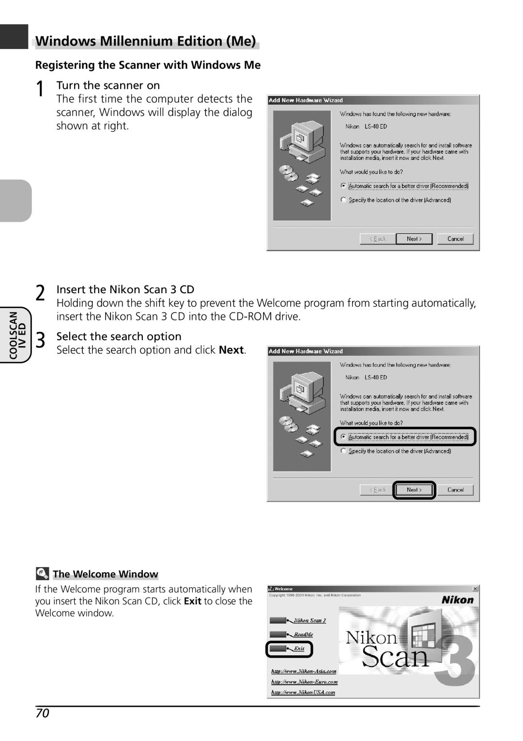 Nikon LS4000 user manual Windows Millennium Edition Me, Registering the Scanner with Windows Me 