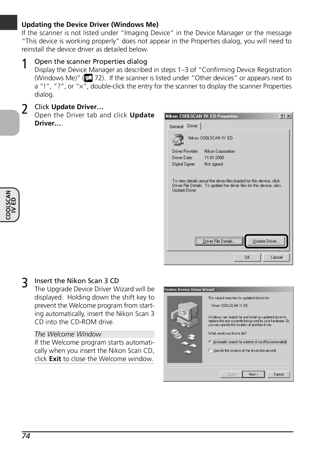Nikon LS4000 user manual Updating the Device Driver Windows Me, Click Update Driver… 