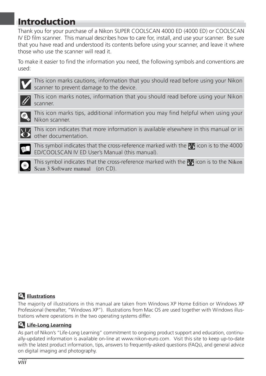 Nikon LS4000 user manual Introduction, Viii, Illustrations, Life-Long Learning 