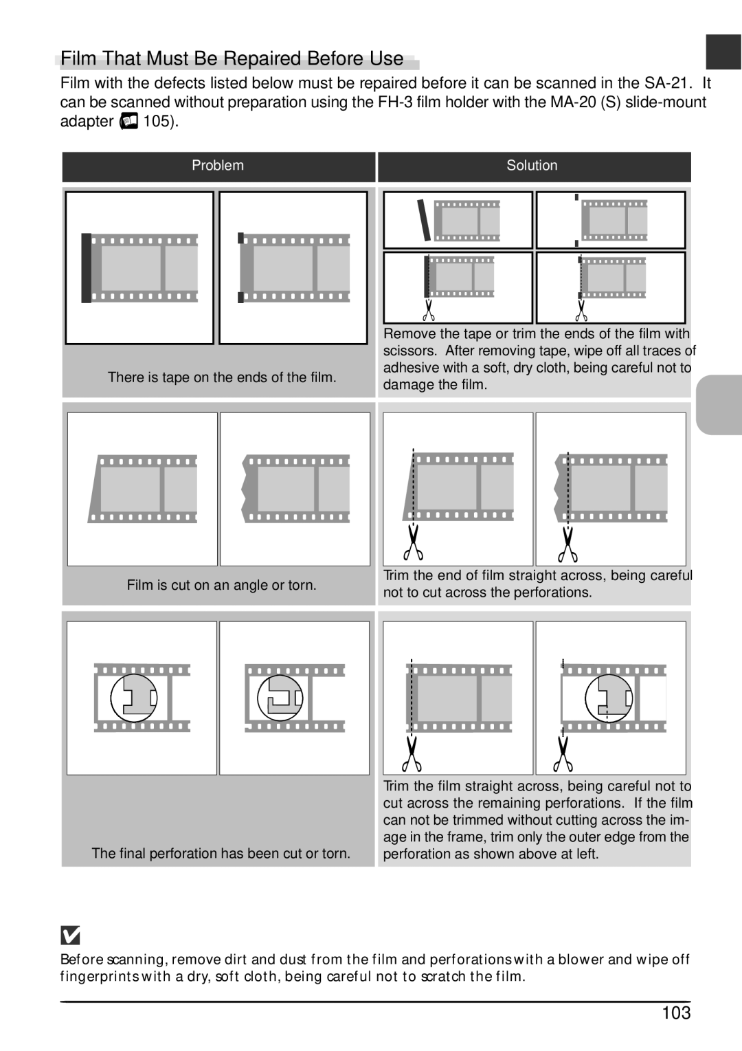 Nikon LS4000 user manual Film That Must Be Repaired Before Use, 103 