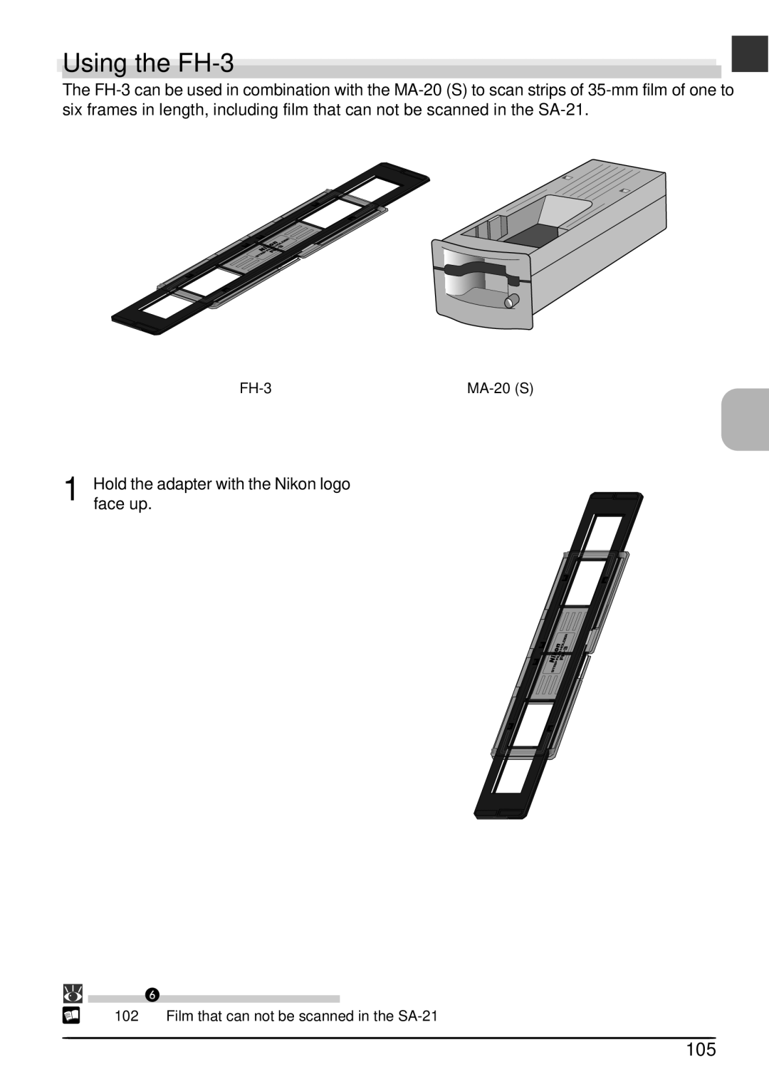 Nikon LS4000 user manual Using the FH-3, 105, Hold the adapter with the Nikon logo, Face up 