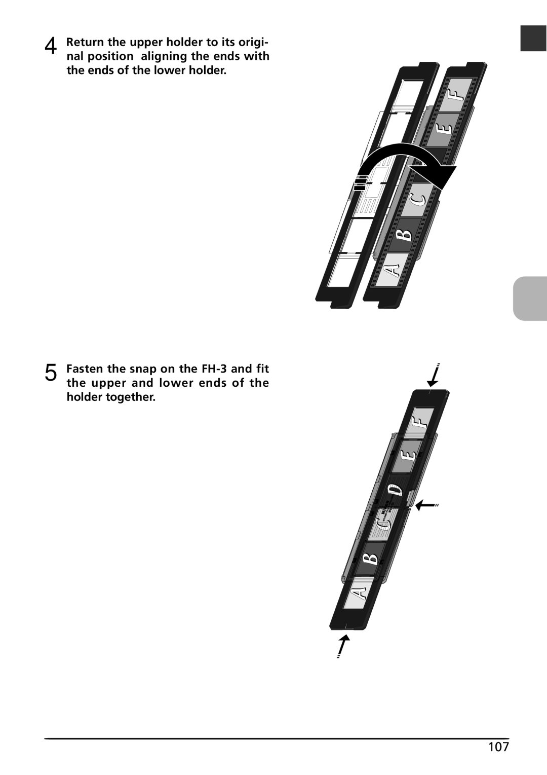 Nikon LS4000 user manual 107, Return the upper holder to its origi, Nal position, aligning the ends with 