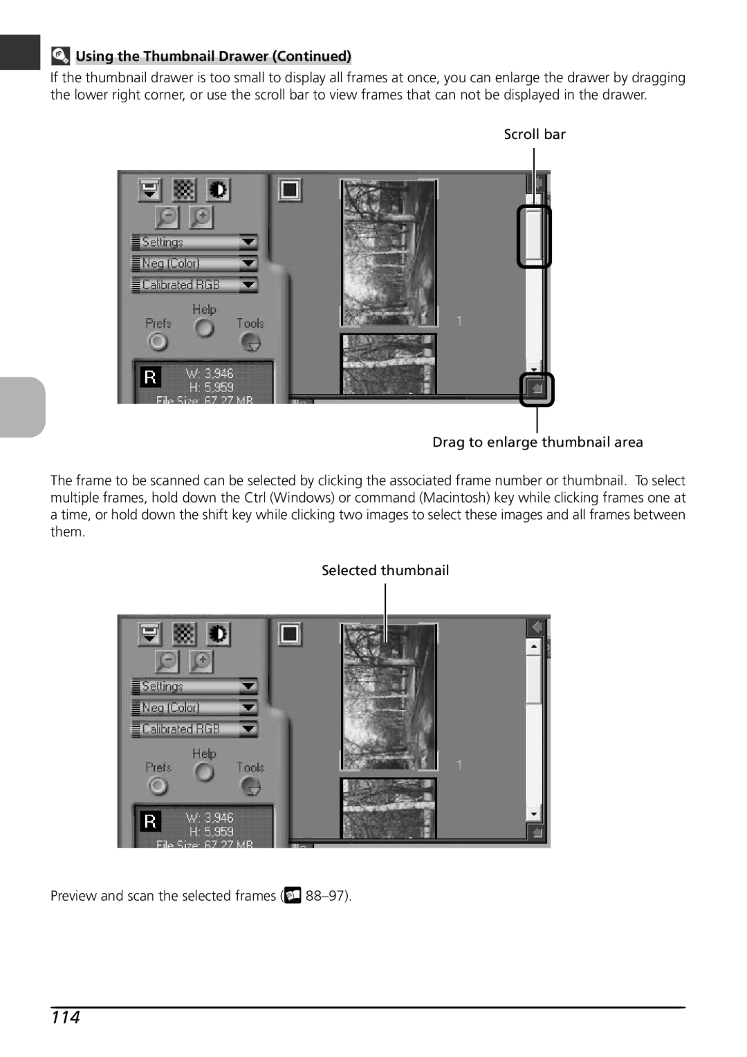 Nikon LS4000 user manual 114, Using the Thumbnail Drawer 