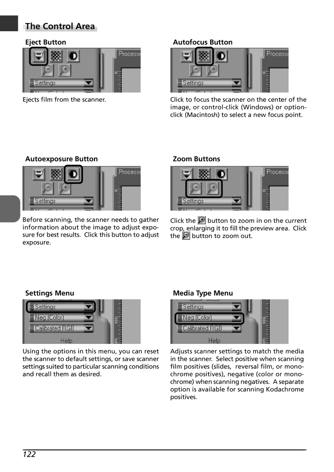 Nikon LS4000 user manual Control Area, 122, Eject Button Autofocus Button, Autoexposure Button Zoom Buttons 